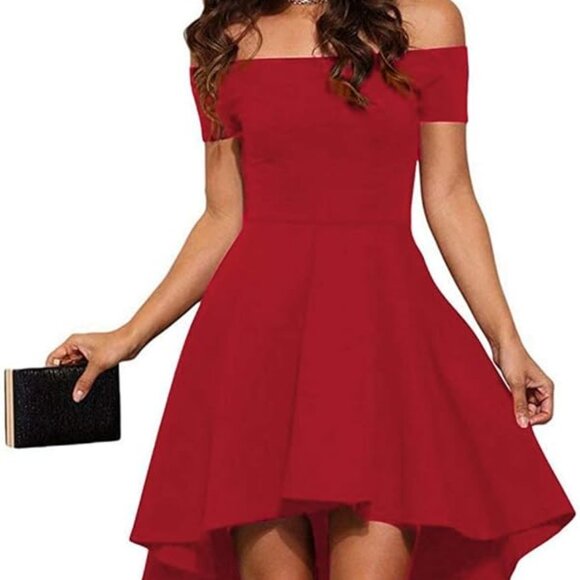 Sarin Mathews Womens Off Shoulder Short Sleeve High Low Cocktail Skater Dress - Picture 1 of 2